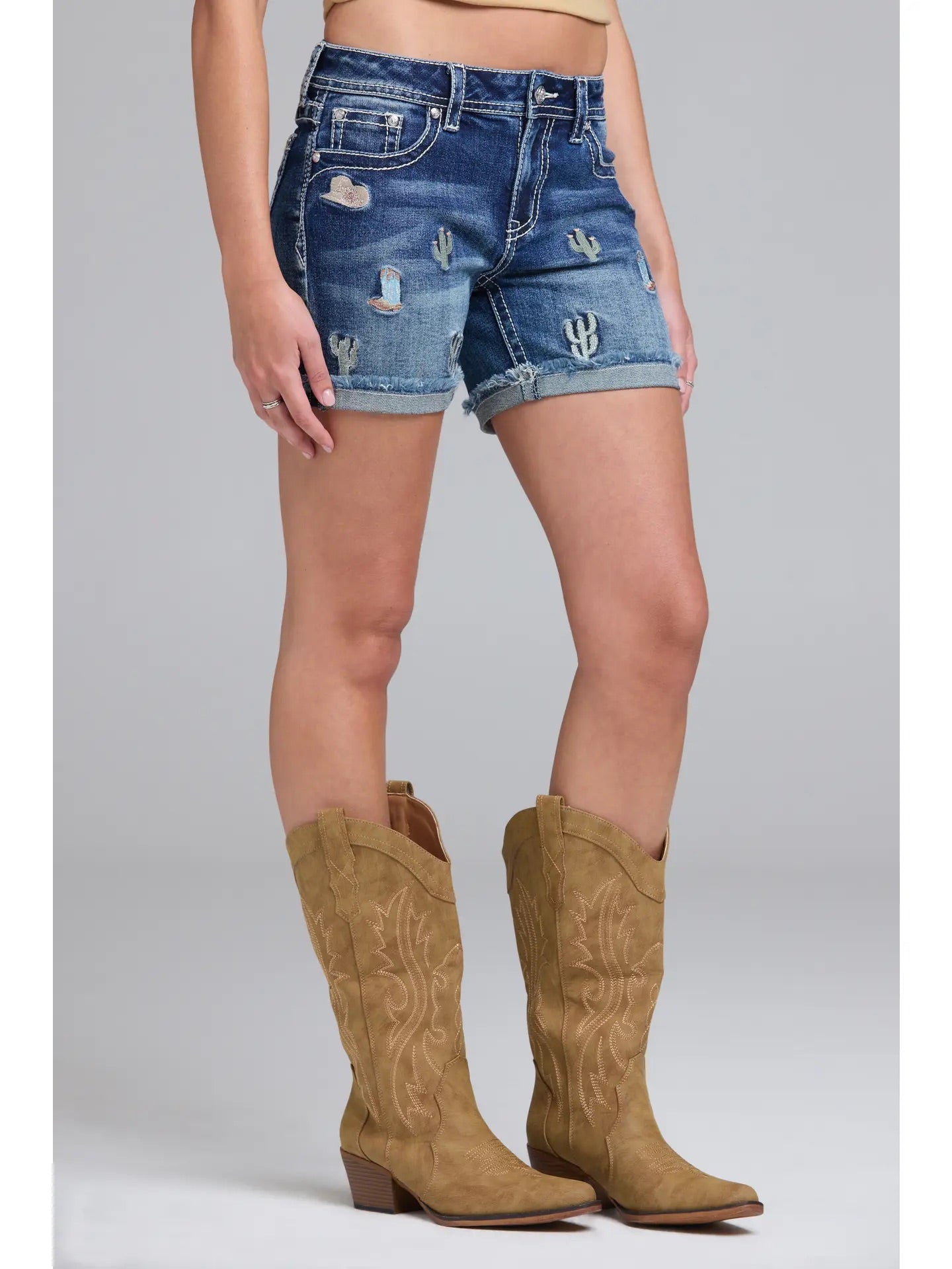 Grace Denim Cactus Floral Embroidered Short