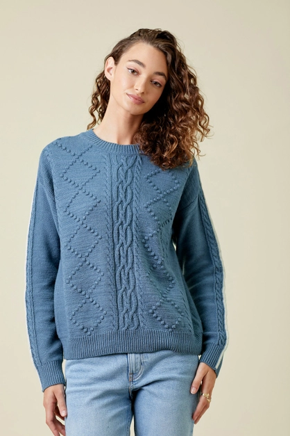 Piping Sleeve Cable Sweater denim blue front