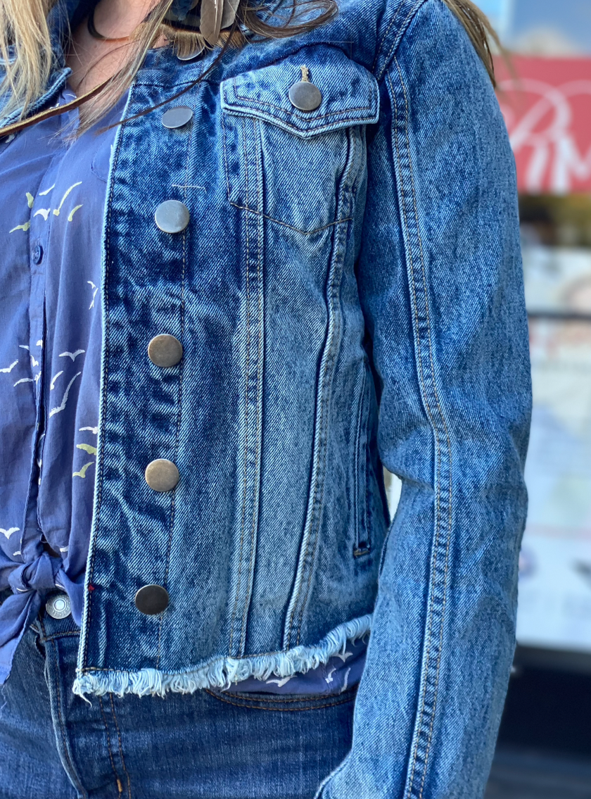 Distressed Denim Jacket With Red & Green Stripe Queen  Bee Back front details