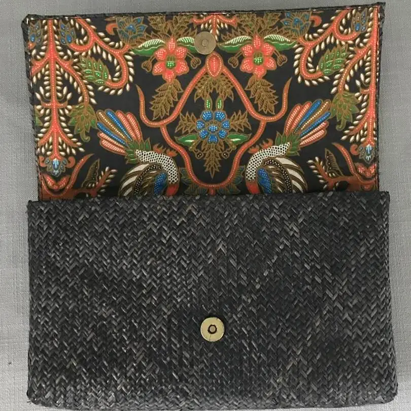 Rattan Clutch with Batik Print Lining - Brown-detail of inside lining