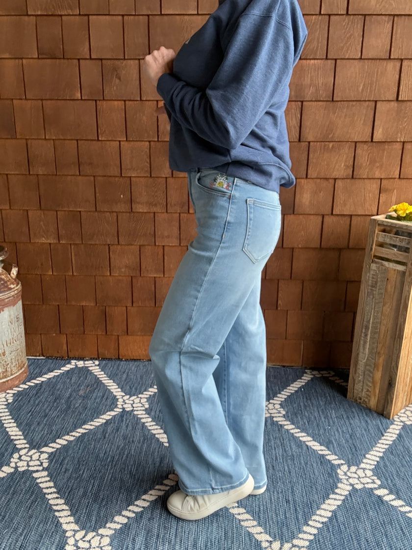 High Rise Embroidered Wide Leg left side