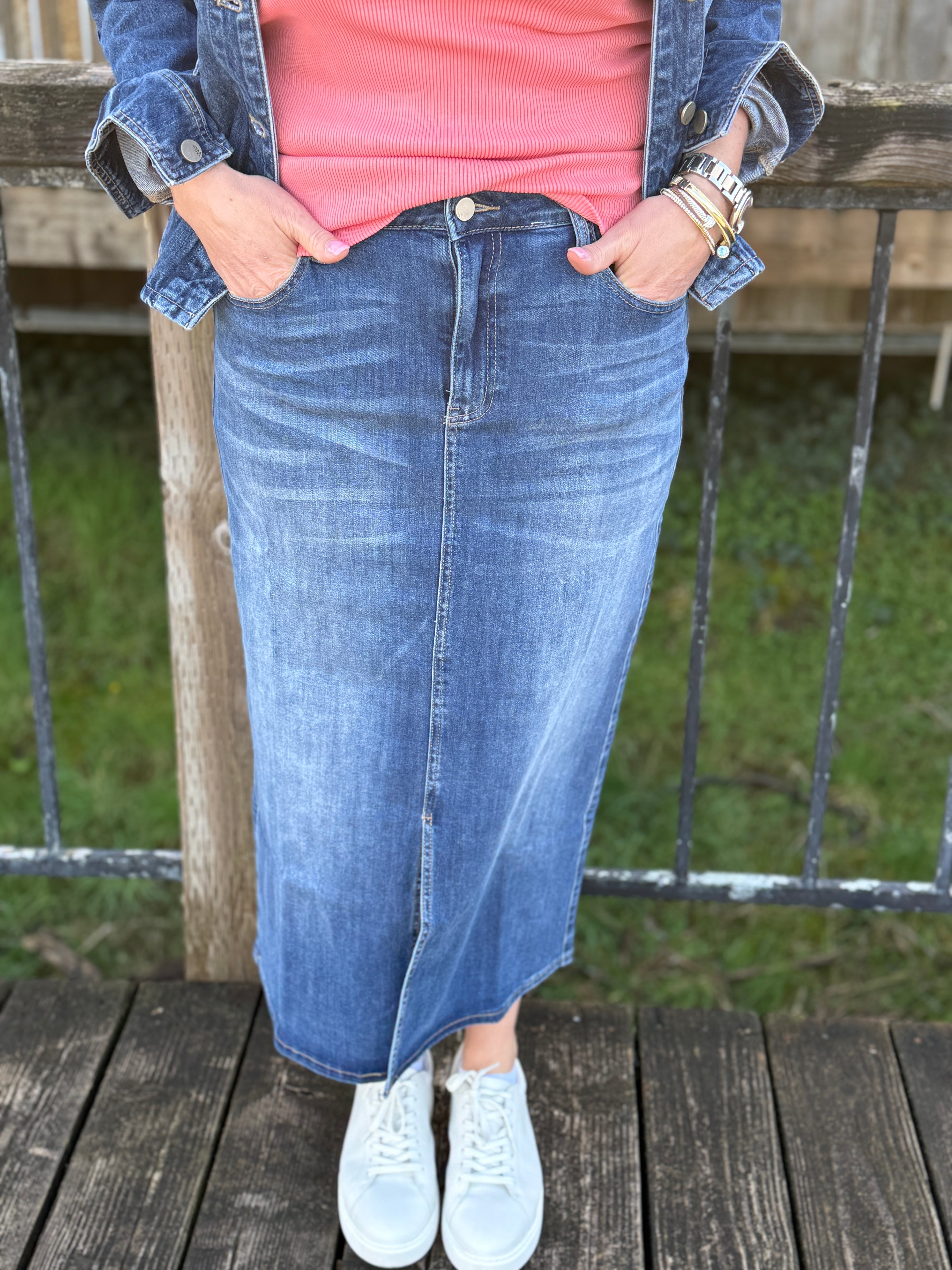 Cottage Denim Maxi Skirt | Cottage Denim front