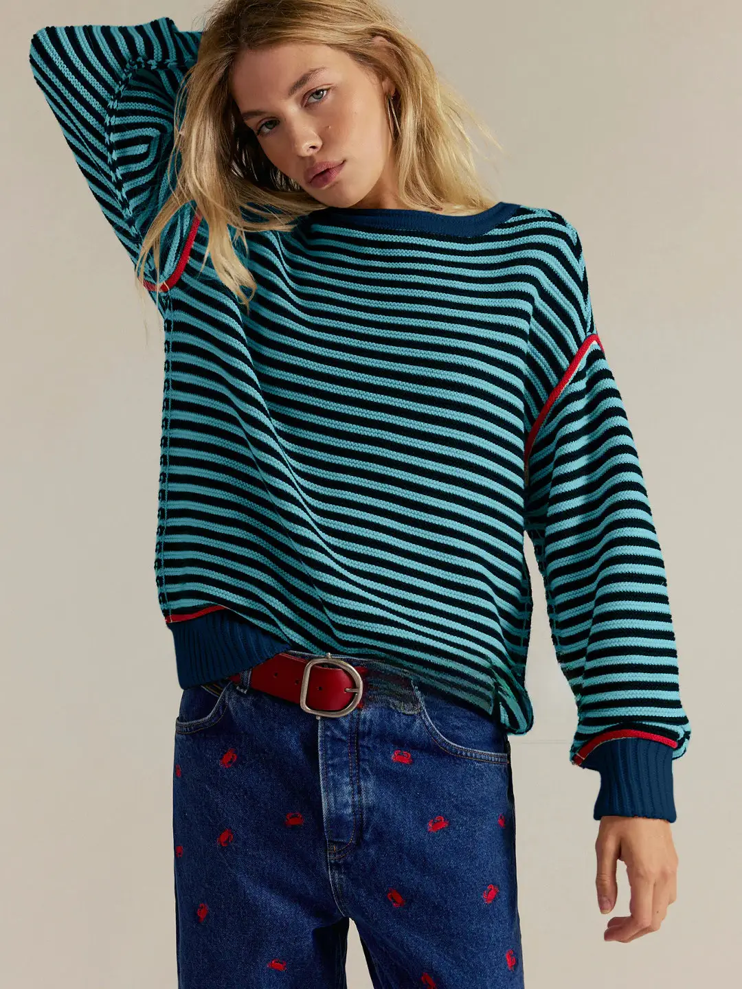 Striped Crewneck Knit Sweater | Loose Fit Pullover Top