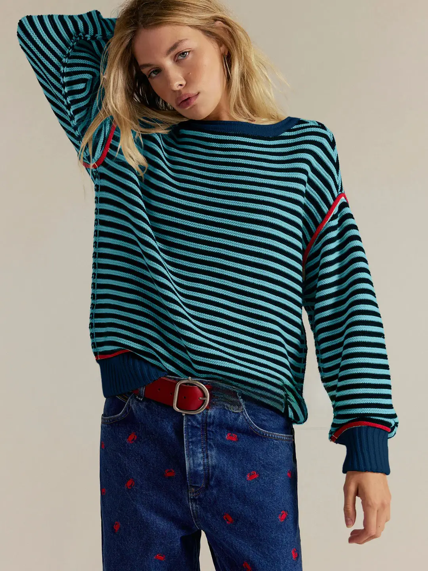 Striped Crewneck Knit Sweater | Loose Fit Pullover Top navy blue front