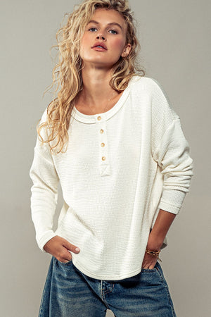 Textured Knit Henley cream front