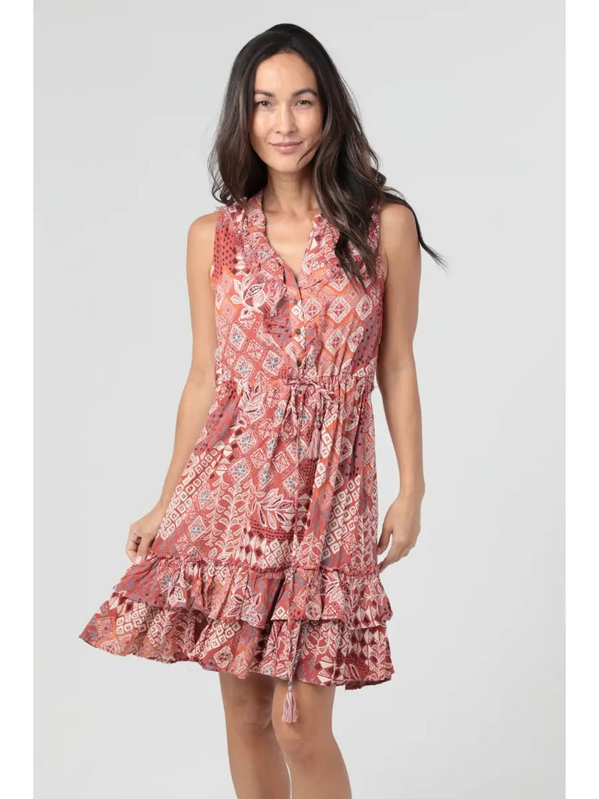 V Neck Button Front Ruffle Tank Dress
