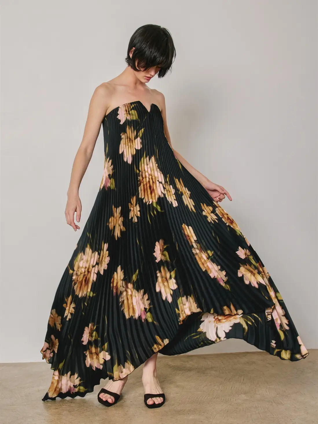 Floral Strapless Pleated Maxi Column Dress