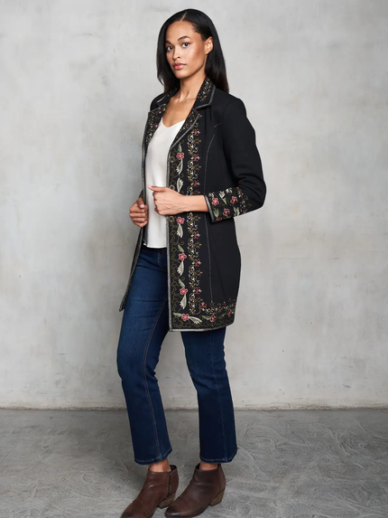 HEAVY TWILL COAT W/ SCROLL FLORAL EMB