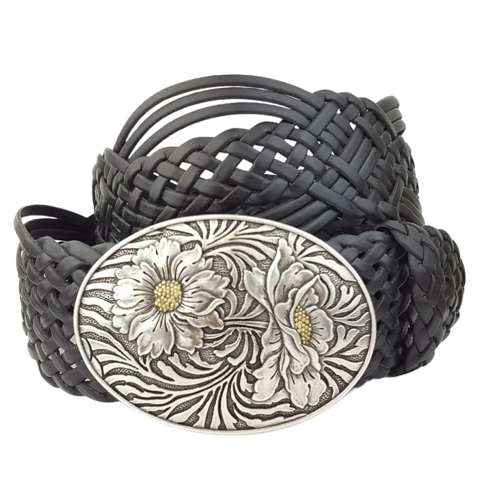 Hand Braided Leather Belt W Western Sunflower Buckle black close up
