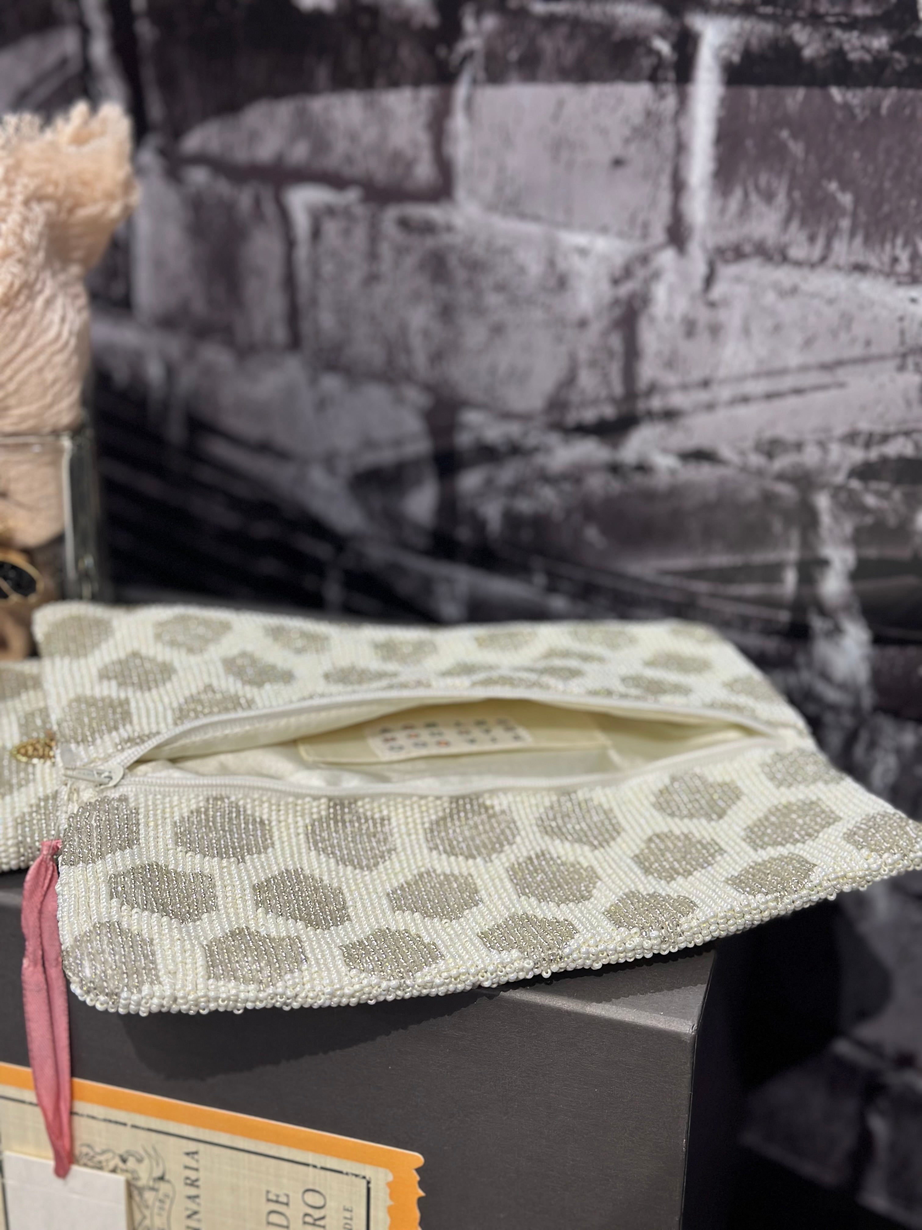 Beaded Honeycomb Foldover Clutch unfolded/unzipped

