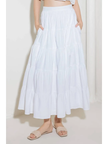 A solid woven tiered full midi skirt white front