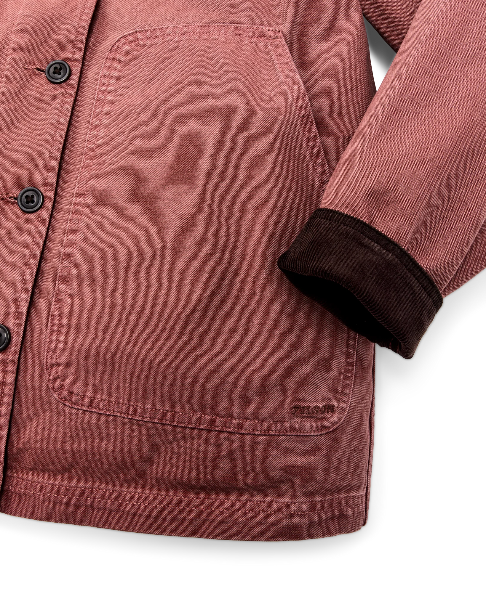 Filson Canvas Barn Coat, mahogany-front detail