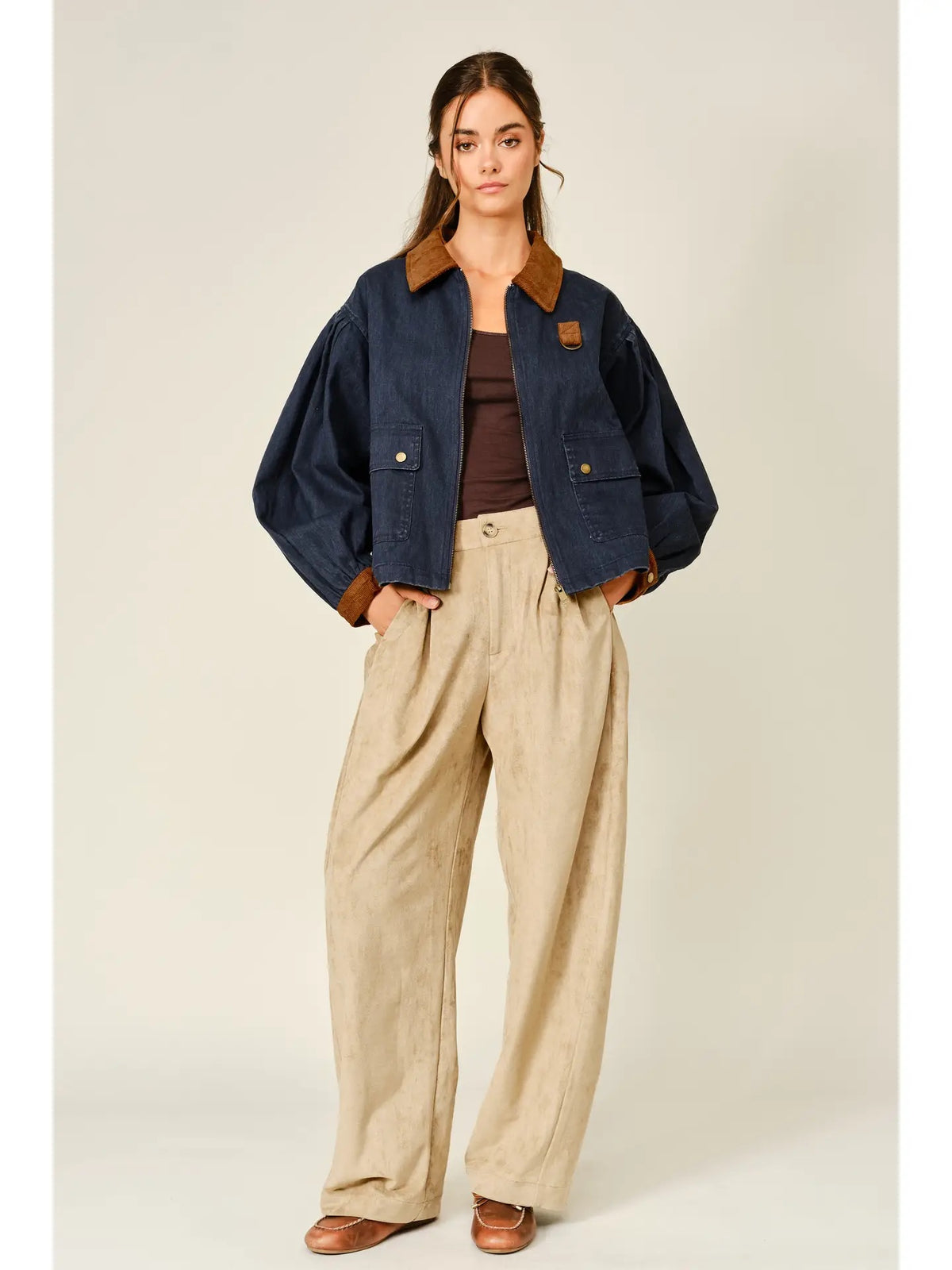 Contrast Collar Pleated Bubble Sleeve Barn Jacket