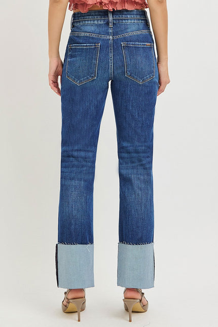 High Rise Ankle Straight Jeans with Wide Cuff, dark-Back
