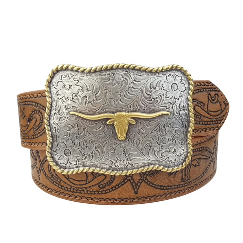 Western Long Horn Buckle W. Matching Tooled Belt