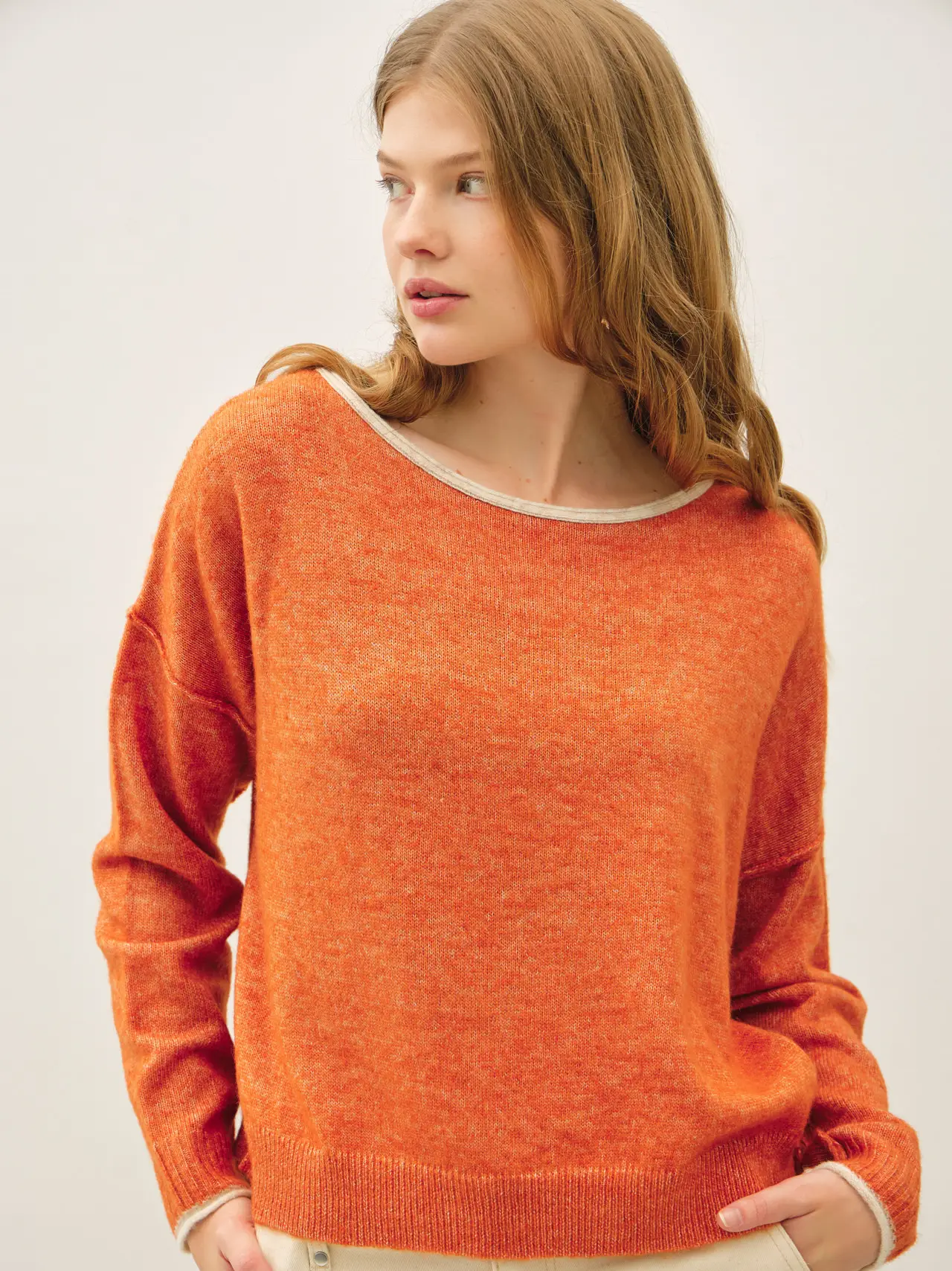 Contrast Layered-Look Boat Neck Cropped Sweater