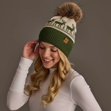 Olive & Beige Deer Patterned Pom Hat
