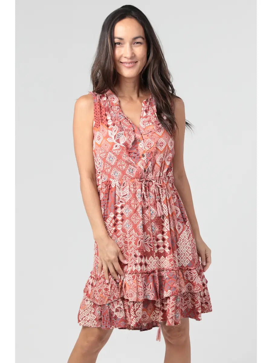 V Neck Button Front Ruffle Tank Dress