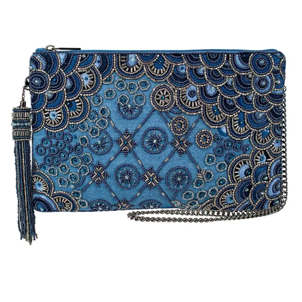 ork It Denim Blue Beaded Embellished Crossbody Clutch front