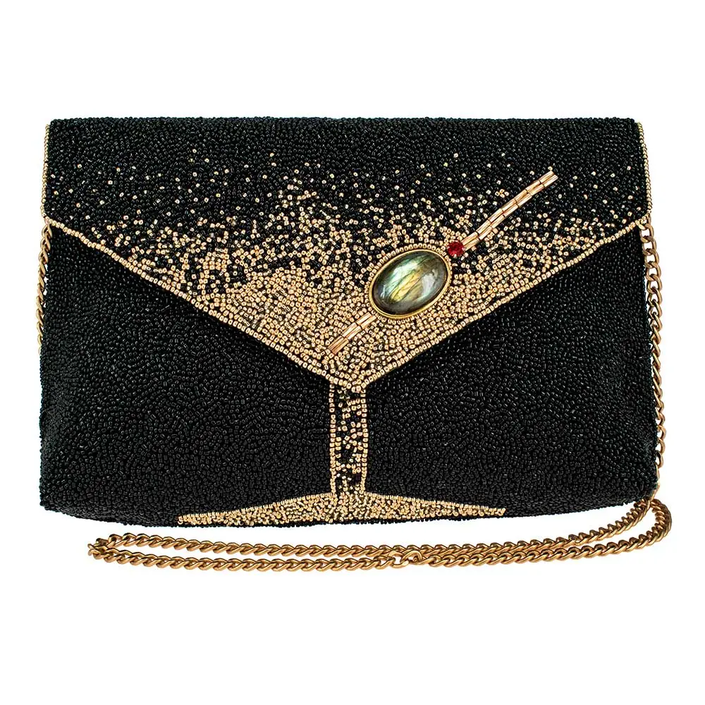 Olive You Beaded Martini Glass Crossbody Clutch, black/gold beading-front detail
