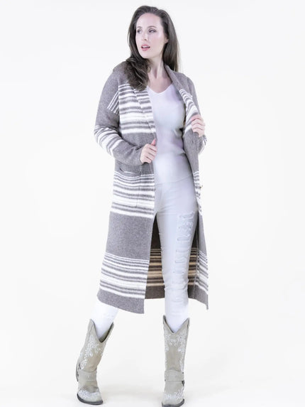 Horizontal Lines Shawl Collar Duster-Khaki