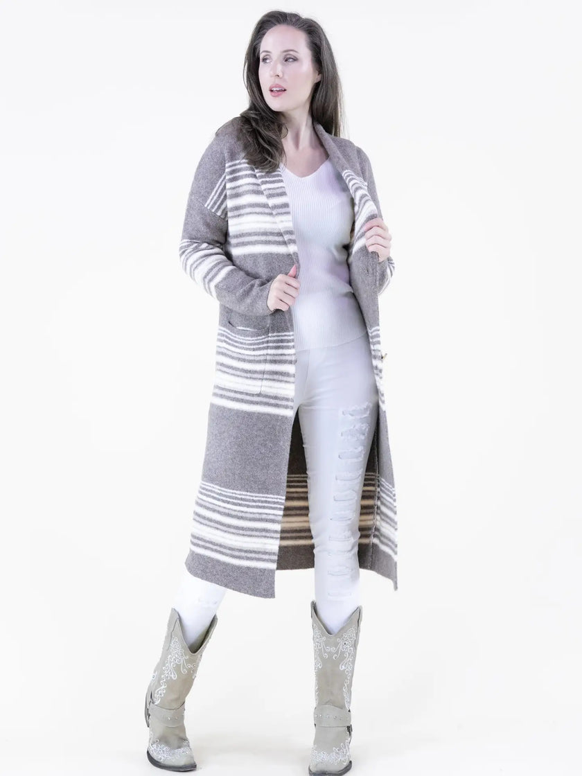 Horizontal Lines Shawl Collar Duster-Khaki