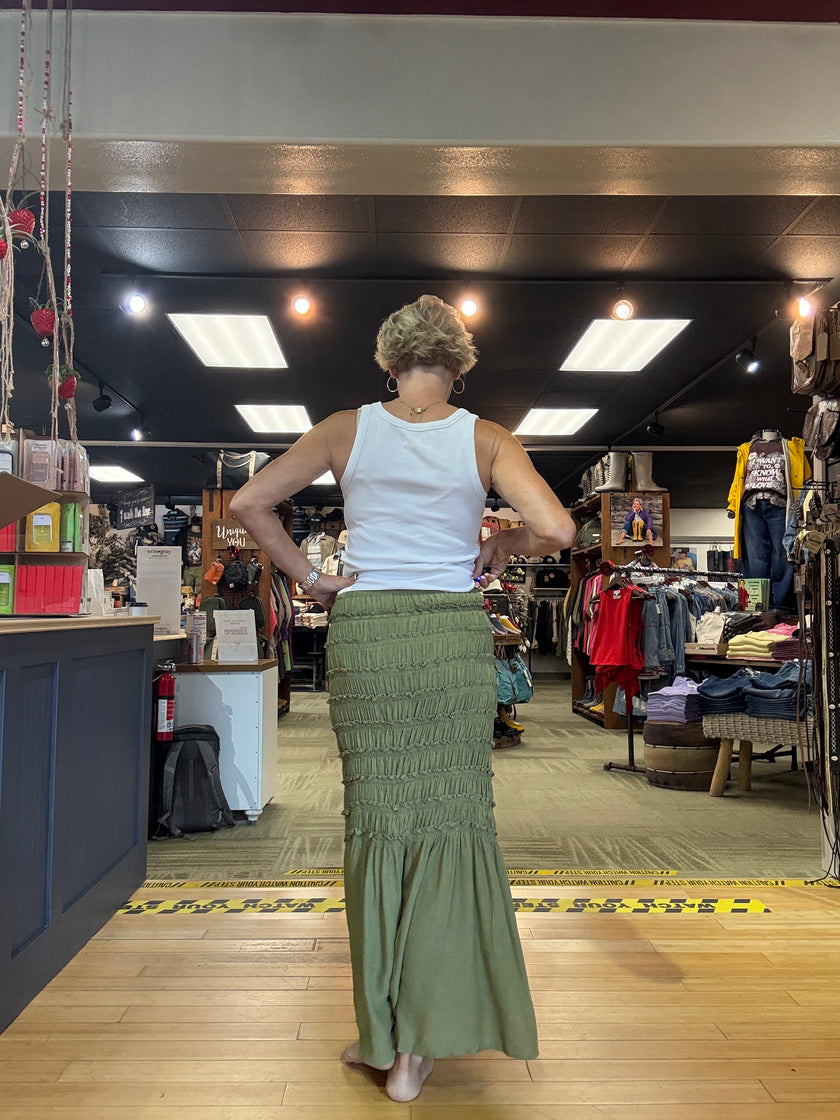 Tiered Ruffled Maxi Skirt-Lt Olive