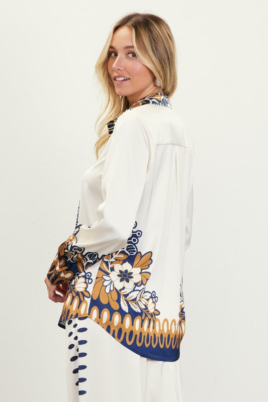 Printed Border LS Button Down Blouse