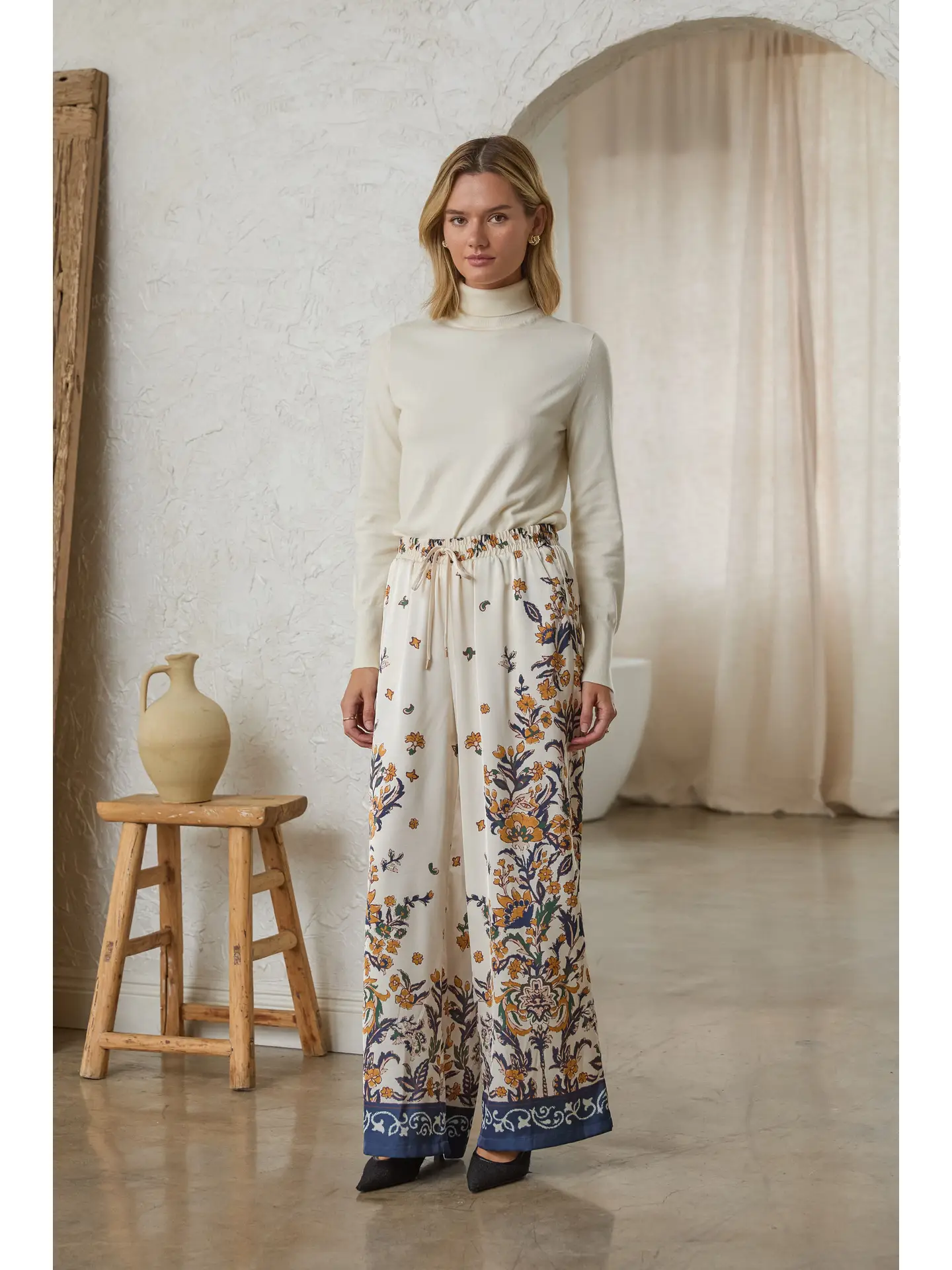 Border Print Satin Pants, ivory/navy-front