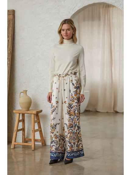 Border Print Satin Pants, ivory/navy-front