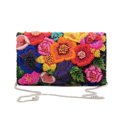 Senv Fully Beaded Raised Flowers Clutch Bag for Women - Balck/ Multi