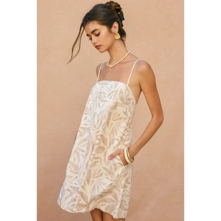 Driftwood Dreams Babydoll A Line Mini Dress, tropical leaf print-side
