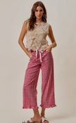 Ruffled Bottom Gingham Lace Trim Pant, Red Check