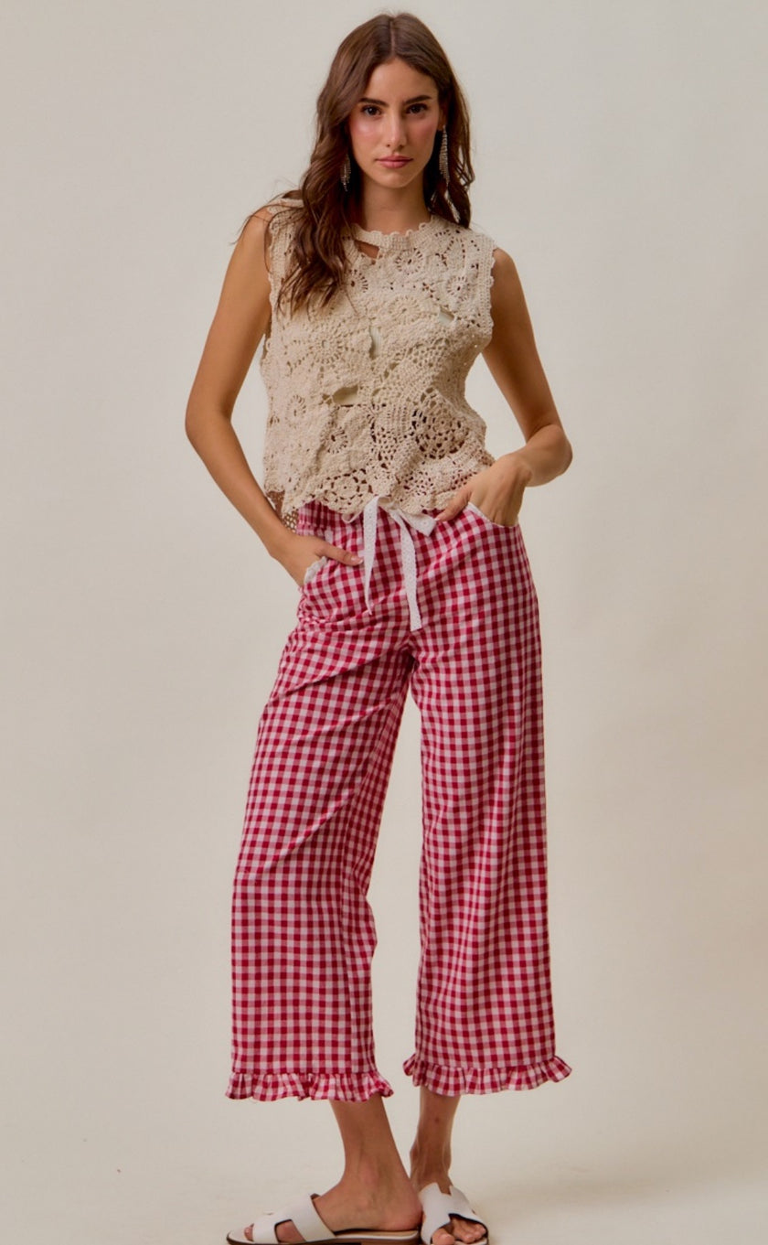 Ruffled Bottom Gingham Lace Trim Pant, Red Check