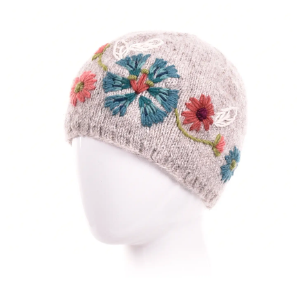 Stella Wool Beanie W EMB Flower | Light Natural