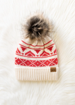 Cream & Red Patterned Pom Hat