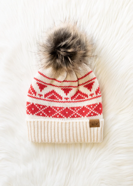 Cream & Red Patterned Pom Hat