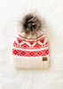 Cream & Red Patterned Pom Hat
