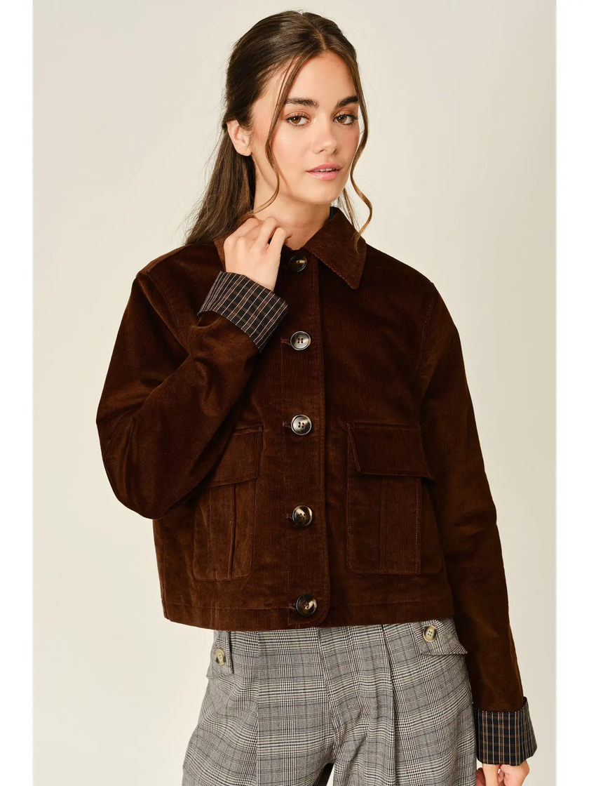 Cord Pocket Jacket with Plaid Cuffs brown front