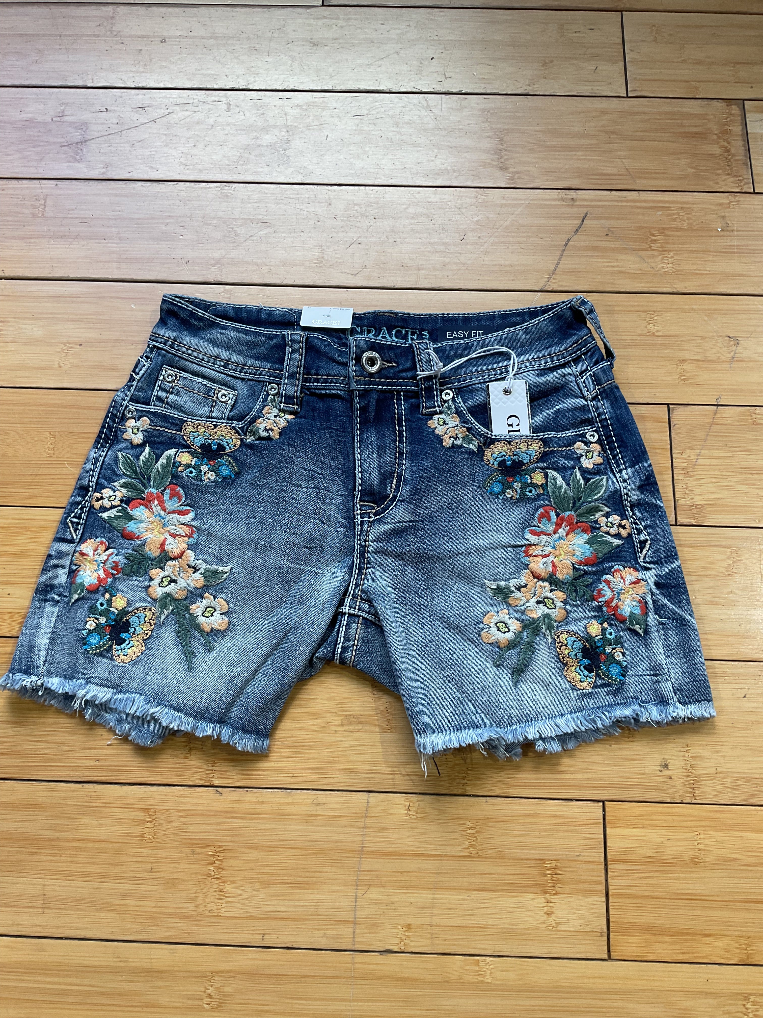 Grace denim butterfly/floral embroidered frayed hem short-front