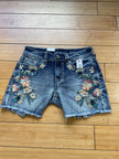 Grace denim butterfly/floral embroidered frayed hem short-front