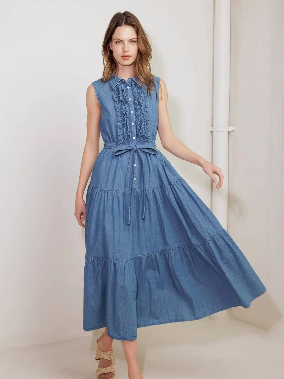 A washed denim midi dress denim blue front belted