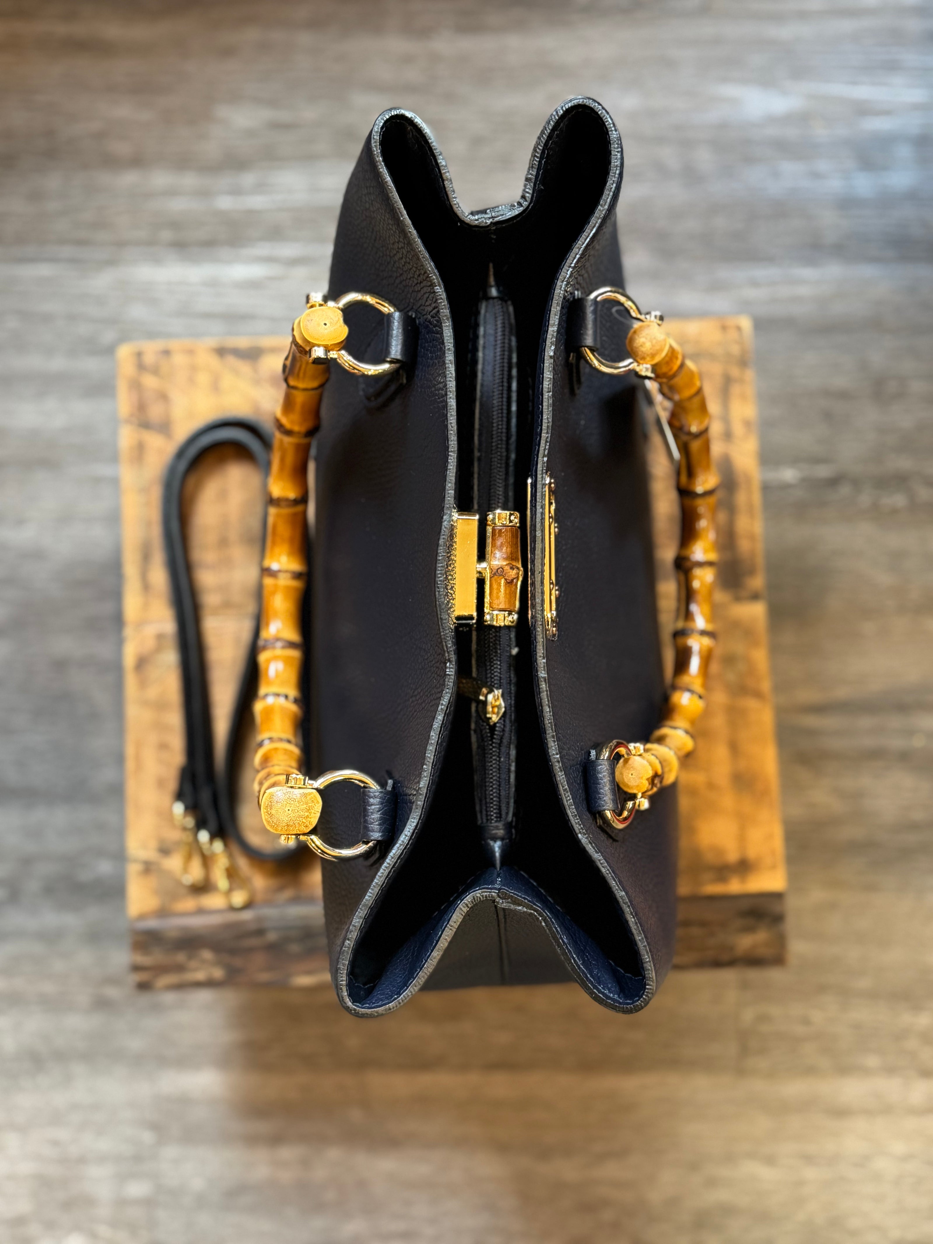 Women's Bag in Genuine Leather with Real Bamboo Hand | Blue top