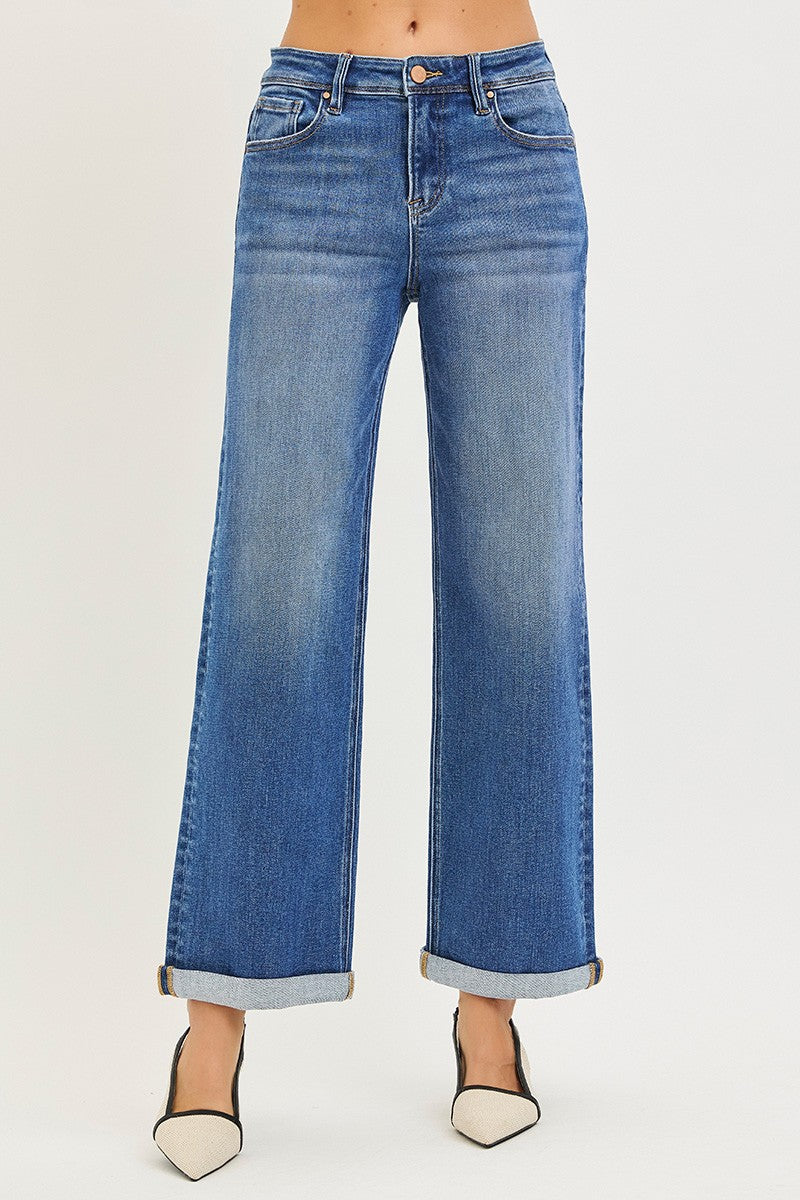 High Rise Relaxed Fit Ankle Straight Jeans Cuff