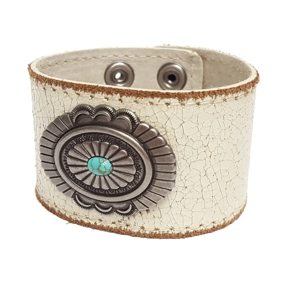 Vintage Distressed Cream Leather Cuff with Concho