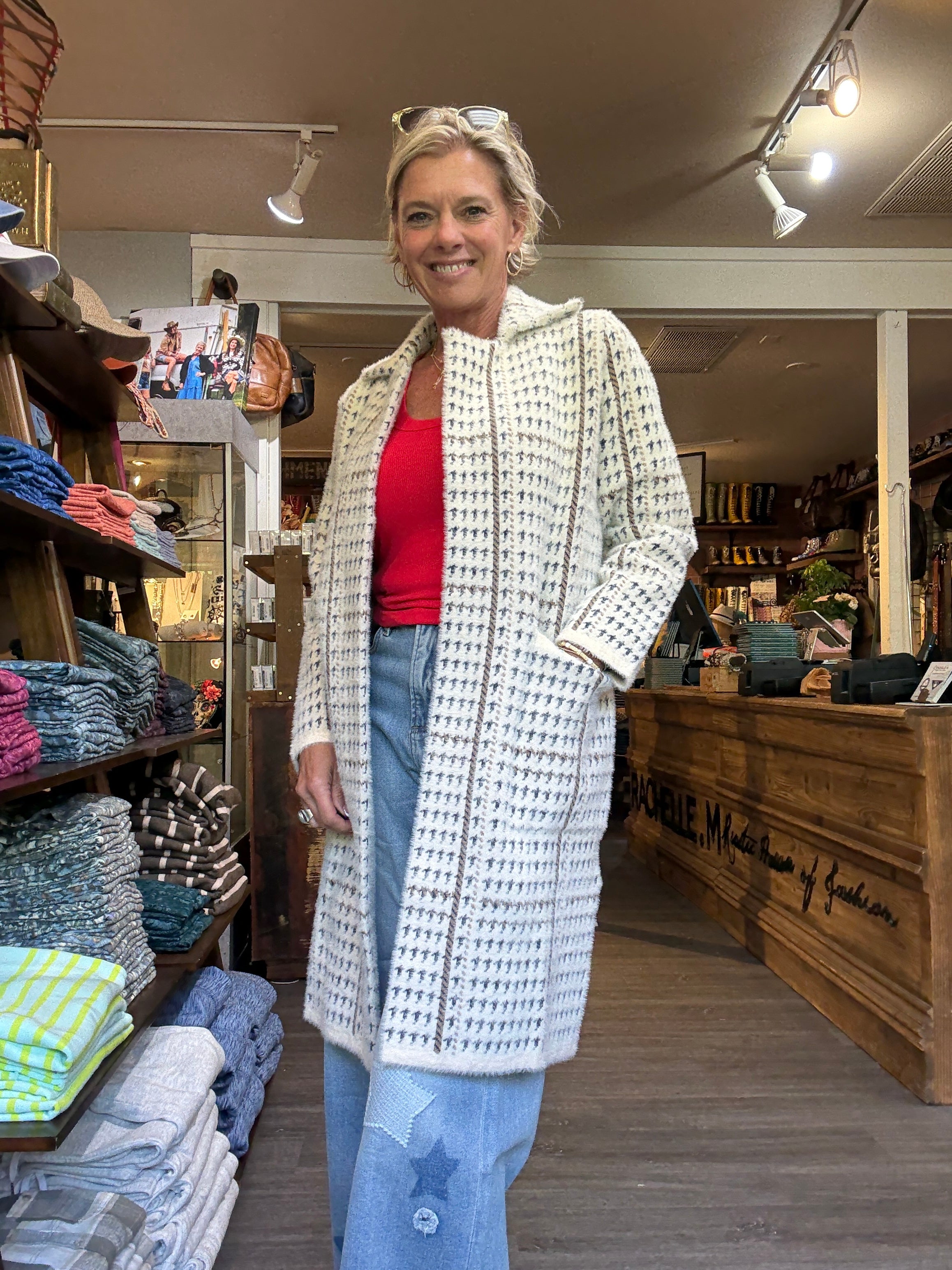 Marceau Houndstooth Coat, cream multi-front