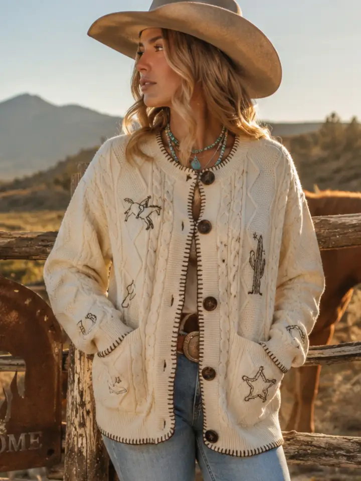 Western Ranch Embroidered Cable Knit Cardigan