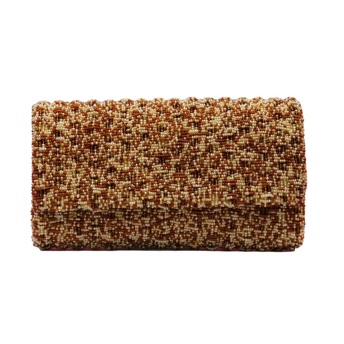 Basket Weave Beaded Clutch Bag - Coffe Brown