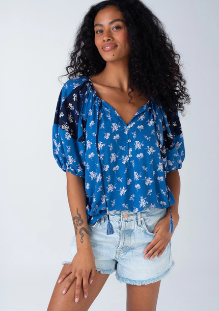 Floral Balloon Sleeve Tassel Tie Neck Blouse Navy/Coral front