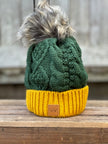 Green & Gold Trim Cable Knit Pom Hat